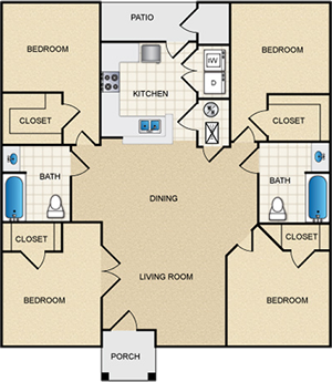 Four Bedroom Flat - 4 Bdr / 2 Bath - 1,490 Sq. Ft.*